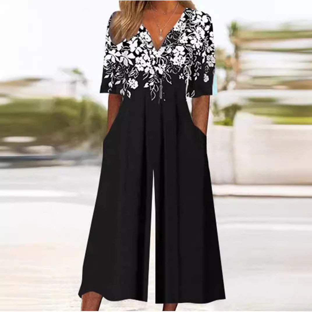 Cyrene | Dames jumpsuit met print en wijde pijpen – V-hals, halflange mouwen, zomerse casual en elegante outfit
