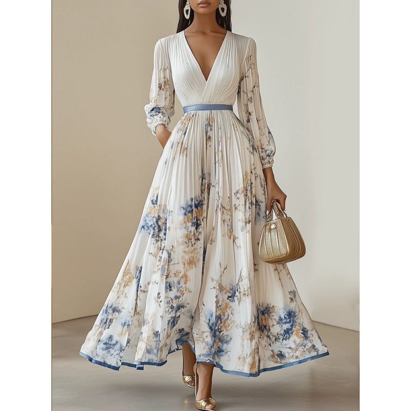 Yvressa | Elegante plooirok voor dames – 3/4 mouwen, diepe V-hals, A-lijn, feest, cocktail & formele gelegenheden