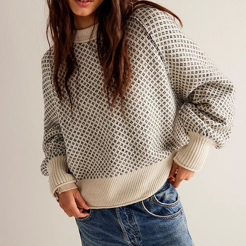Wiltrud | Trui met ronde hals – Stijlvolle gebreide trui met lange mouwen en minimalistische all-over print