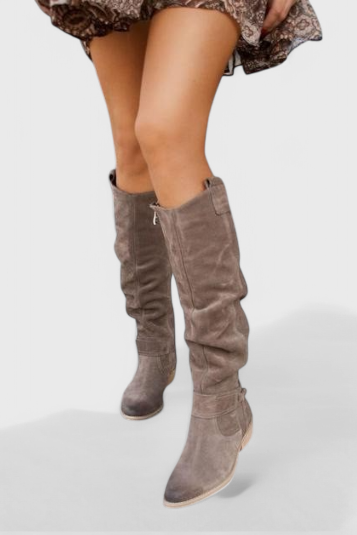 VelaStep | Dames kniehoge suède laarzen – Retro stijl, elegante winterlaarzen met hoge hakken