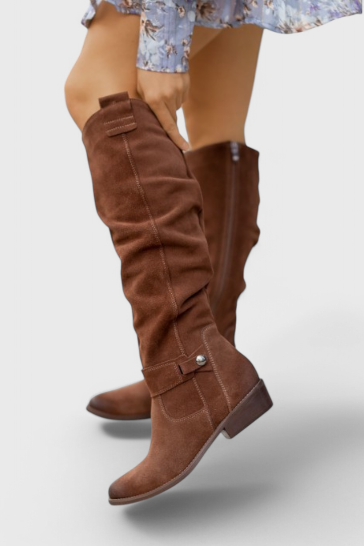 VelaStep | Dames kniehoge suède laarzen – Retro stijl, elegante winterlaarzen met hoge hakken