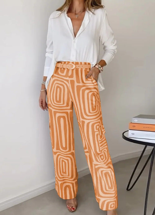 Taerisse | Elegante damesoutfit - wit overhemd met lange mouwen en wijde broek met beige geometrische print