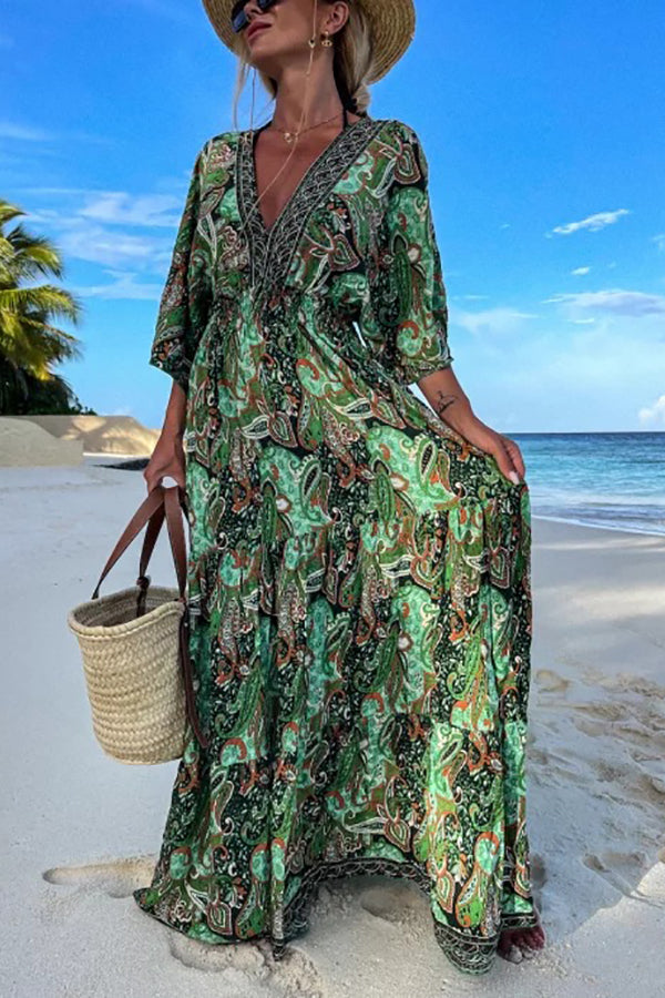 Delmara | Paisleyprint Maxi Jurk met Batwing Mouwen en V-hals - Soepelvallende Boho Zomeravondjurk