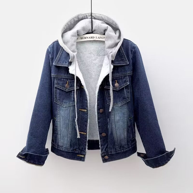 Heloise | Damesjas van denim met sherpa-voering en capuchon – vintage gewassen, comfortabele winterjas