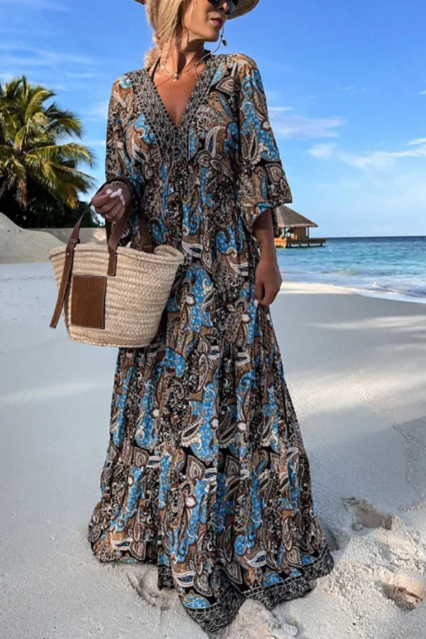 Delmara | Paisleyprint Maxi Jurk met Batwing Mouwen en V-hals - Soepelvallende Boho Zomeravondjurk