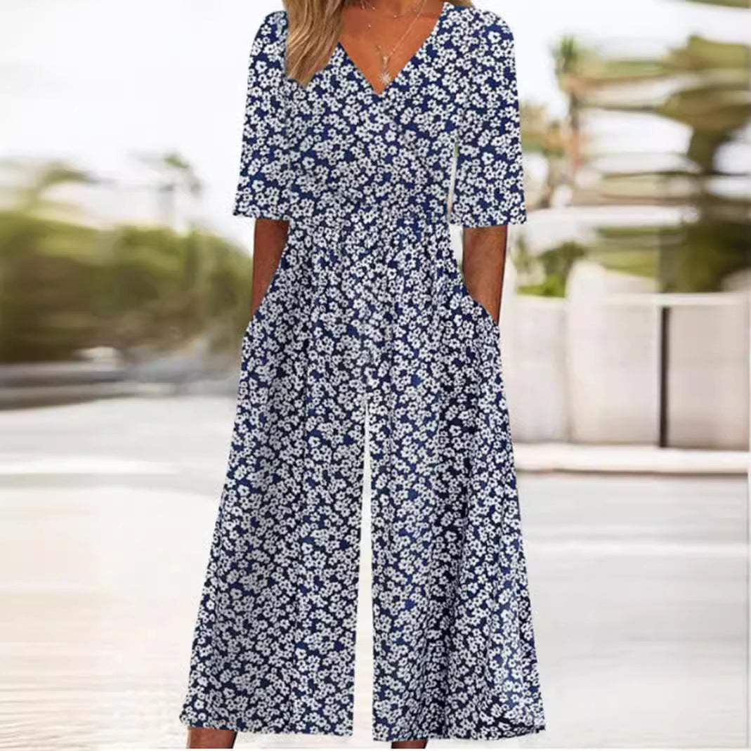 Cyrene | Dames jumpsuit met print en wijde pijpen – V-hals, halflange mouwen, zomerse casual en elegante outfit