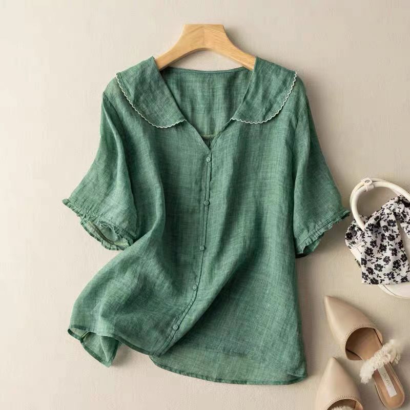 Irivara | Luchtige damesblouse met halflange mouwen – Geborduurde kraag, V-hals, knoopsluiting