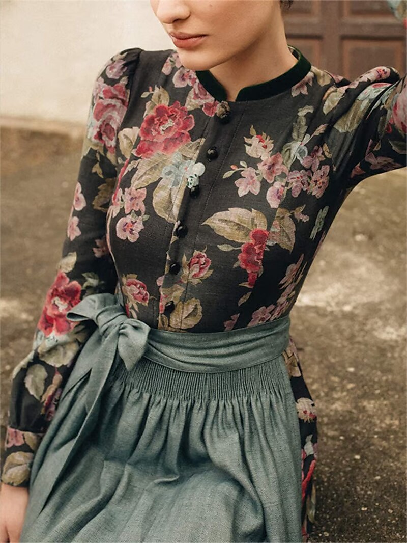 Glynira | Dames Zwarte Vintage Dirndl met Bloemmotief & Schort – Klassieke Oktoberfest Traditionele Jurk