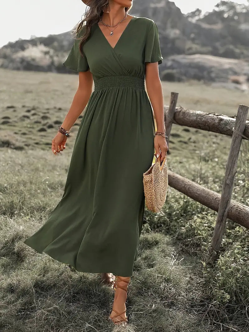 Valerija | Flowy Maxi-jurk - V-hals, korte mouwen, elegante zomerjurk