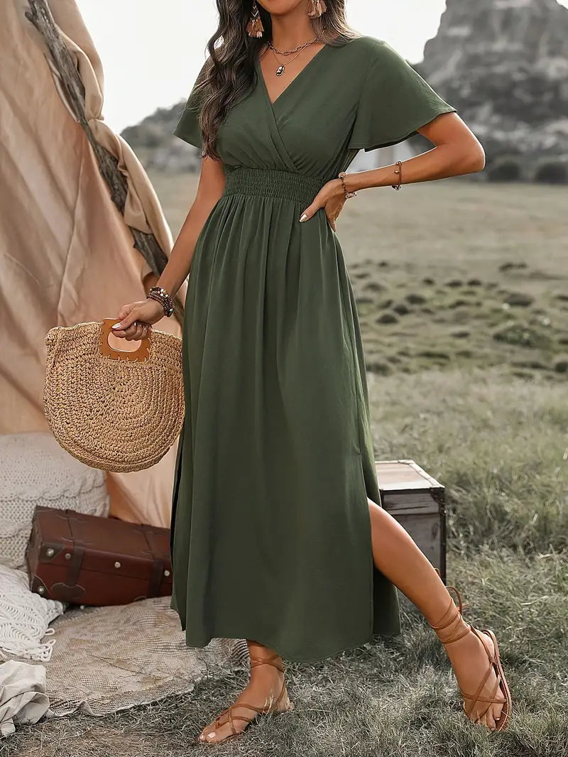 Valerija | Flowy Maxi-jurk - V-hals, korte mouwen, elegante zomerjurk