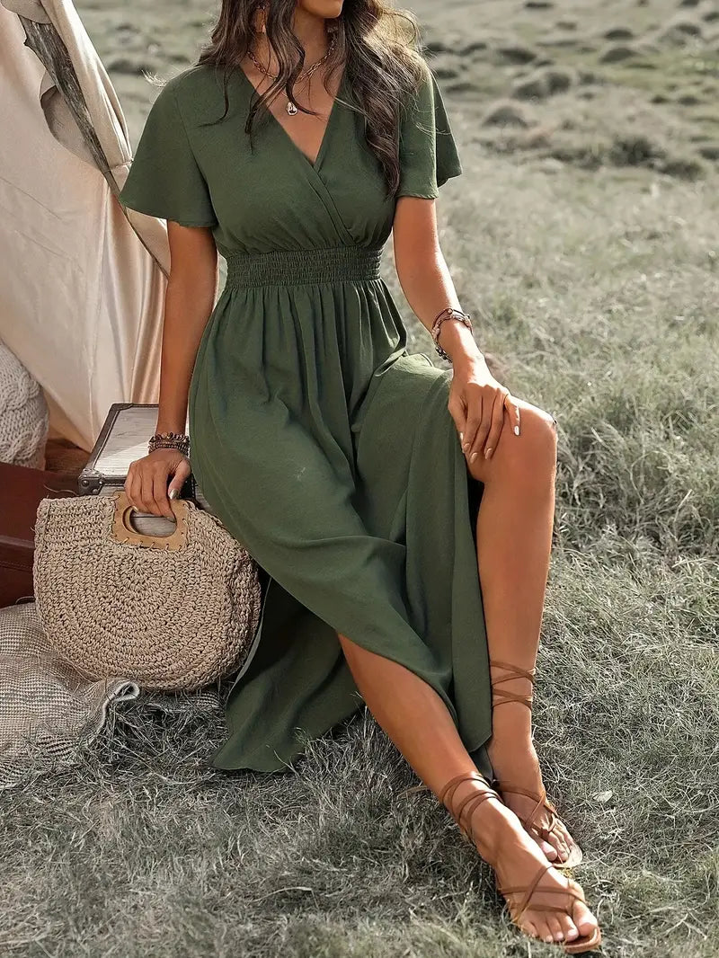 Valerija | Flowy Maxi-jurk - V-hals, korte mouwen, elegante zomerjurk