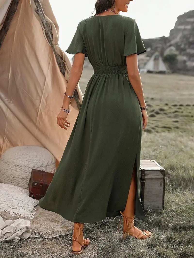 Valerija | Flowy Maxi-jurk - V-hals, korte mouwen, elegante zomerjurk