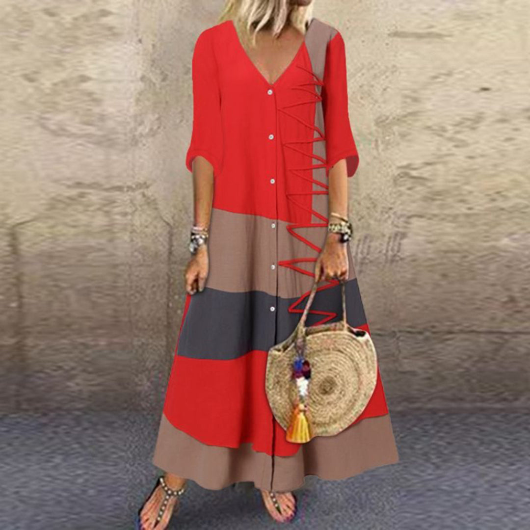 Pandora | Boho kleurblok maxi-jurk - Bedrukt, Halve Mouwen, Trendy & Comfortabel