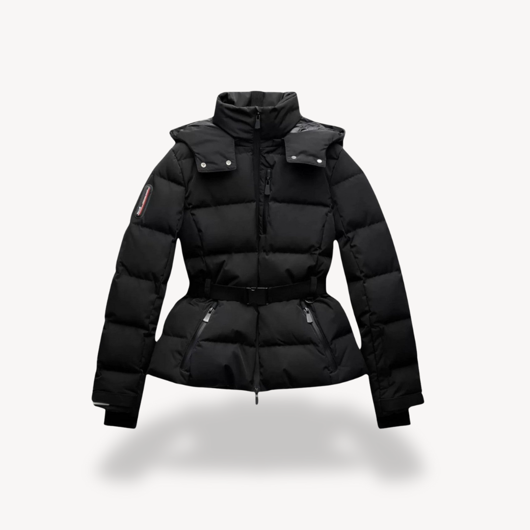 Unelma | Zwarte waterdichte pufferjas voor dames met riem in de taille, gewatteerde isolatie, winterjas