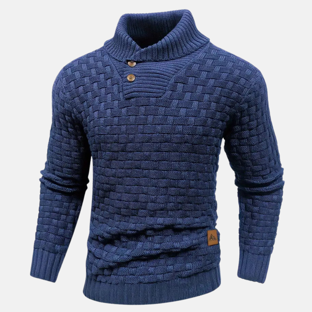 Perikles | Gebreide trui voor heren met textuur, sjaalkraag en knoopdetails, wintertrui, casual breiwerk