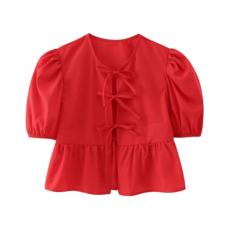 Cerelle | Peplum Babydoll Blouse - Korte Pofmouw Top met Bandjes Aan De Voorkant, Vintage Ruffle Shirt