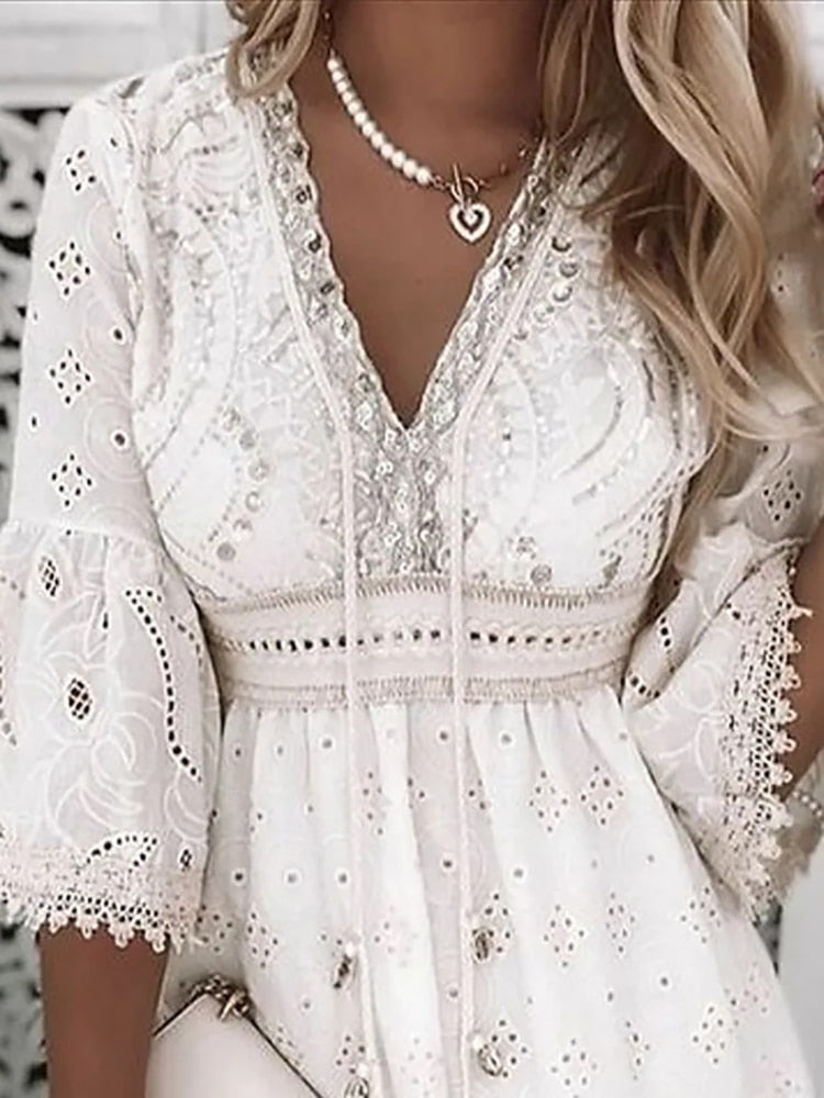 Laetitia | Boho Eyelet Geborduurde Korte Jurk