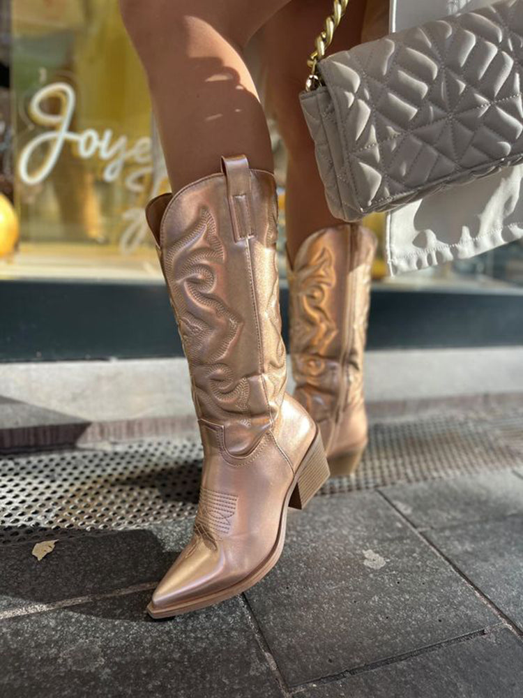 Stellara | Metalen cowboylaarzen voor dames, dikke zool, spitse neus, stijlvolle herfstschoenen