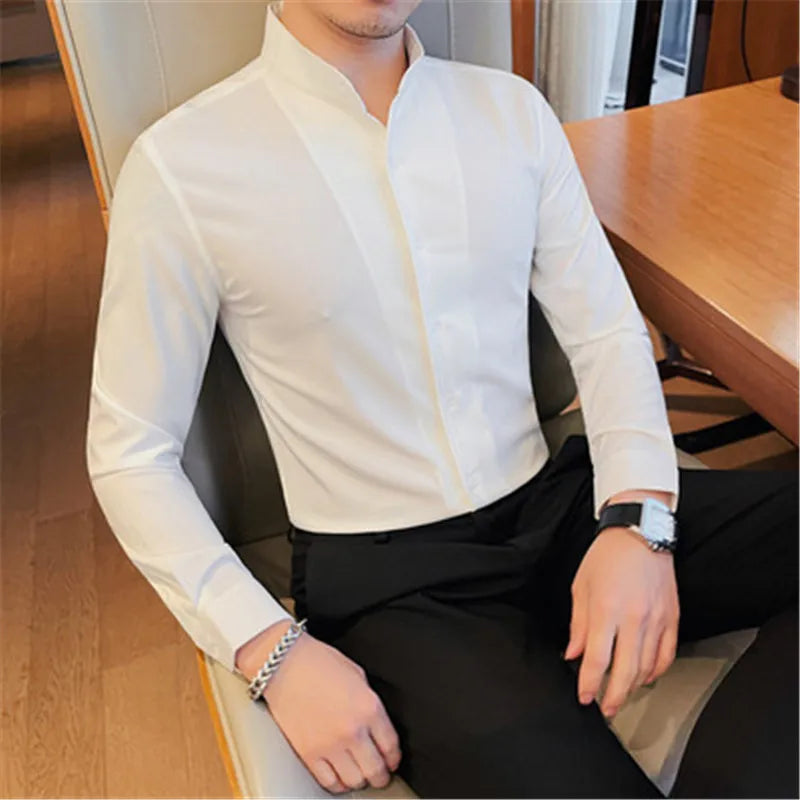 Phileas | Heren overhemd met lange mouwen, opstaande kraag, slim fit, bruiloft- en zakelijk overhemd