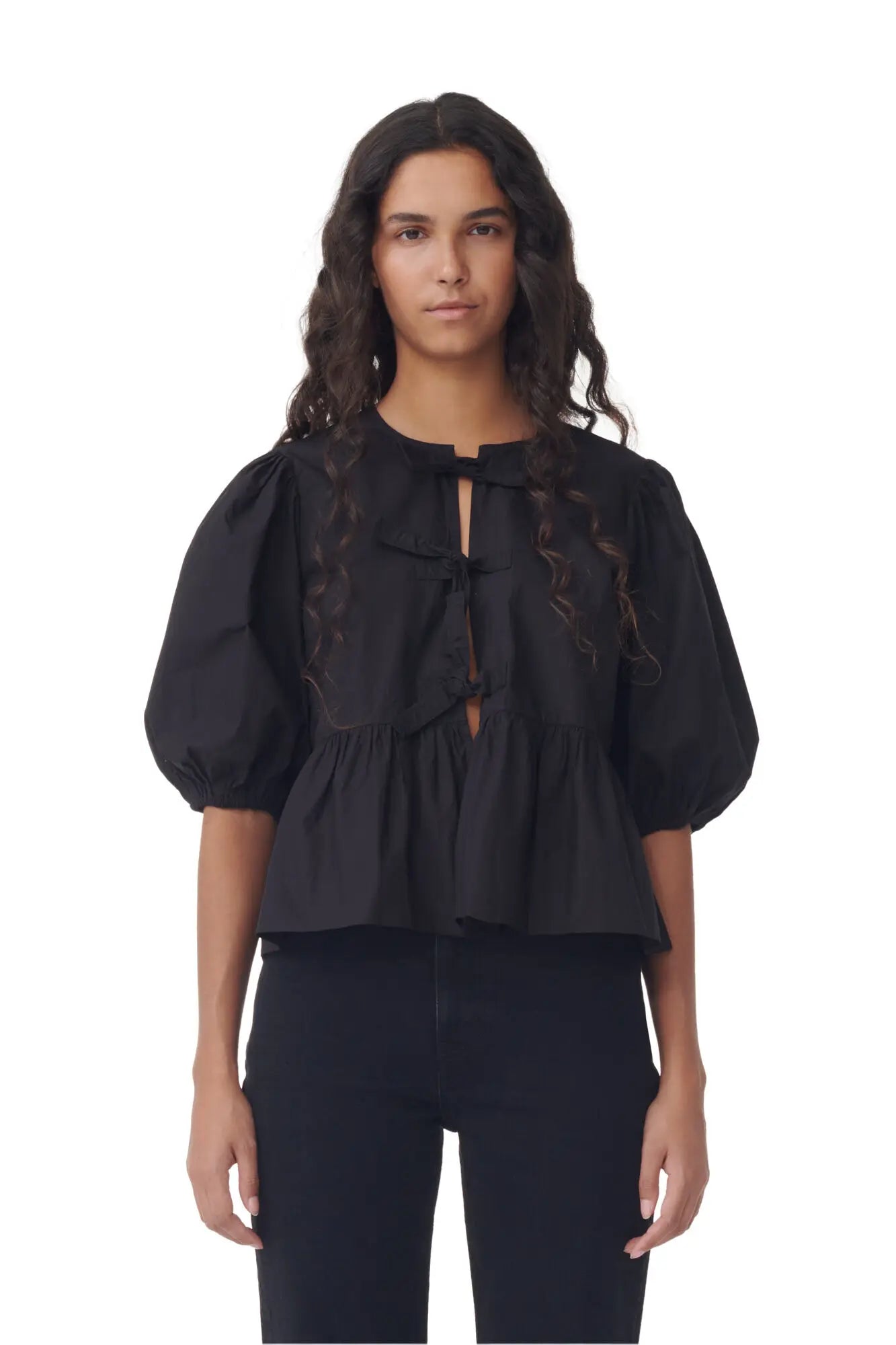 Cerelle | Peplum Babydoll Blouse - Korte Pofmouw Top met Bandjes Aan De Voorkant, Vintage Ruffle Shirt