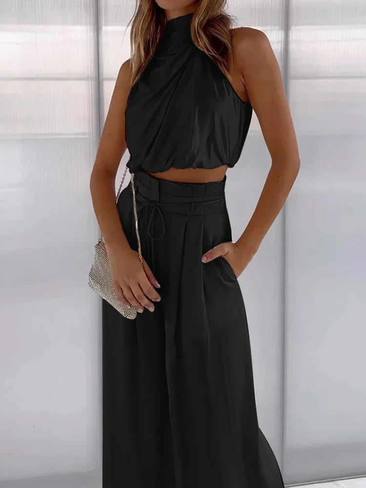 Yavira | Elegante 2-delige set voor dames - Satijnen haltertop & wijde broek met hoge taille