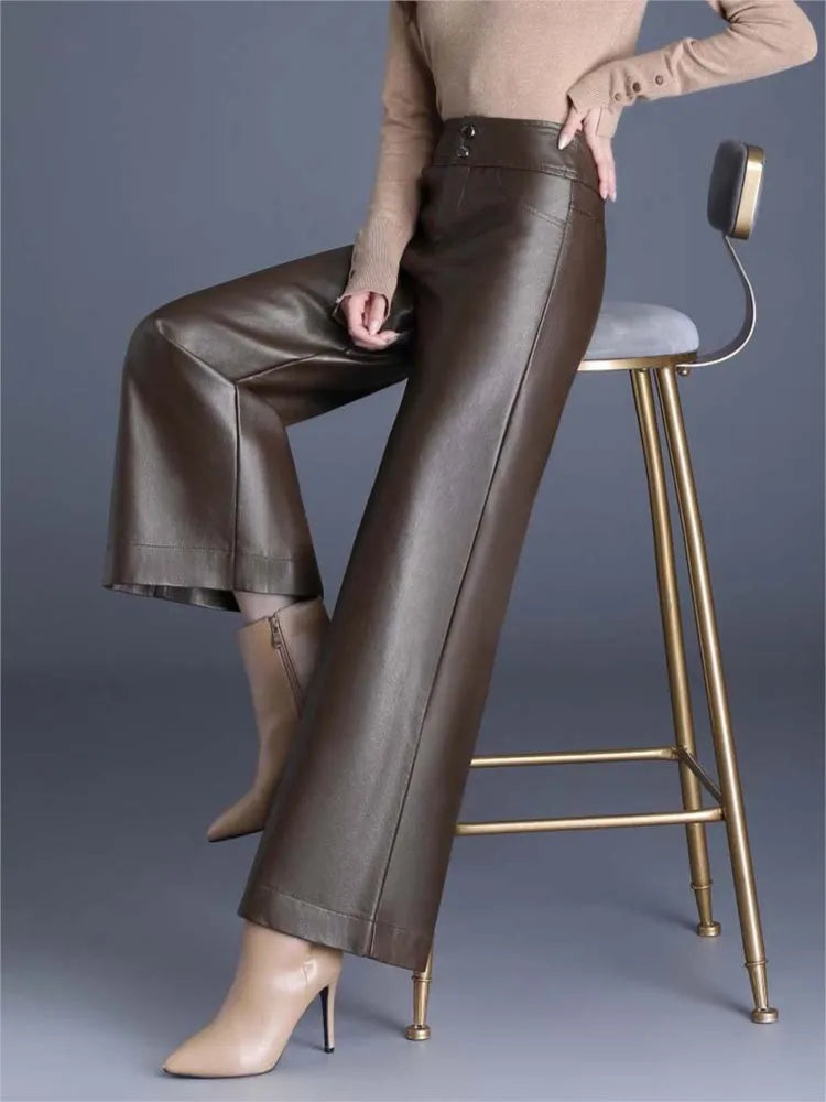 Radka | Damesbroek van PU leer met wijde pijpen - stijlvolle, comfortabele broek van imitatieleer met hoge taille