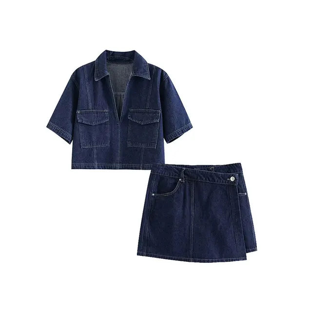 Zophira | Dames denim 2-delige outfit – shirt met korte mouwen en asymmetrische minirok, casual chique set