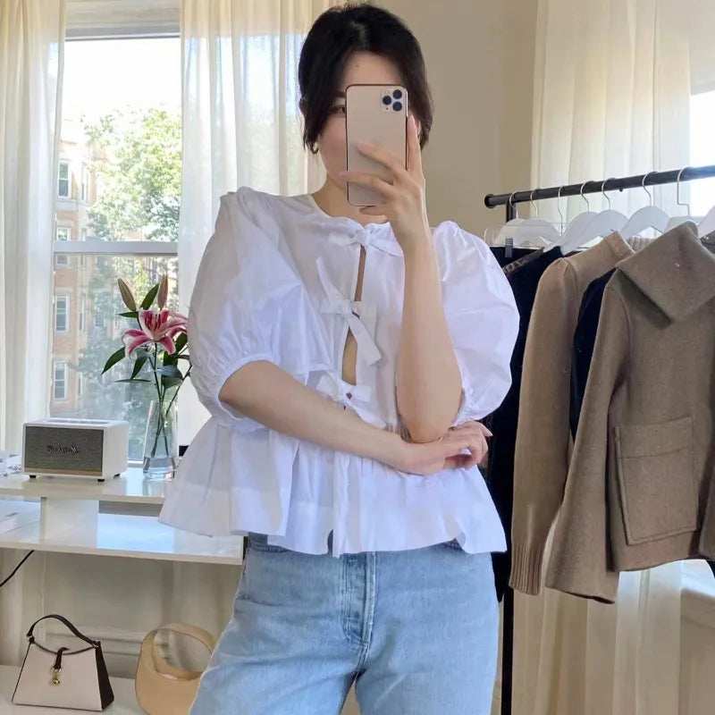 Cerelle | Peplum Babydoll Blouse - Korte Pofmouw Top met Bandjes Aan De Voorkant, Vintage Ruffle Shirt