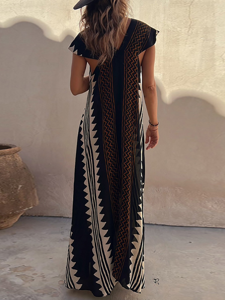 Valindrae | Boho geometrische print maxi-jurk zonder mouwen - Vloeiend, oversized, zomer strand & vrijetijdskleding