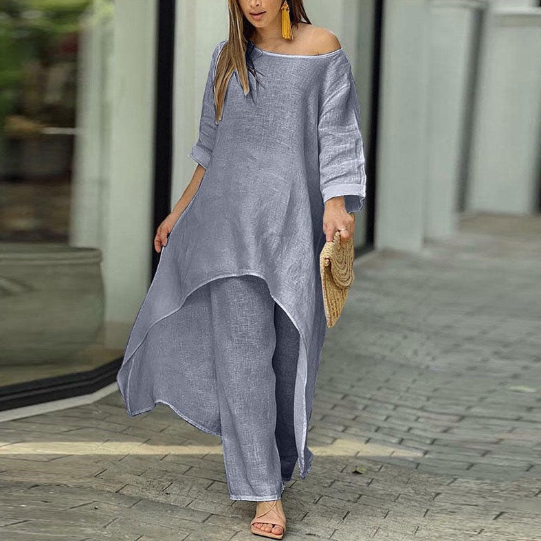 Xamara | Katoen Linnen Mix 2-delige set - Lange Mouw Top met Verlengde Rug & Relaxed Fit Broek