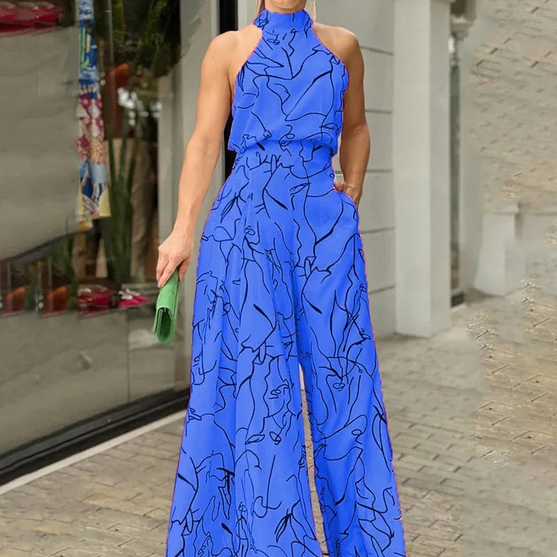 Bardha | Jumpsuit met abstracte print en wijde pijpen voor dames - Halterhals, Zomers Casual