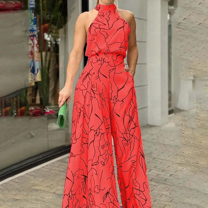 Bardha | Jumpsuit met abstracte print en wijde pijpen voor dames - Halterhals, Zomers Casual