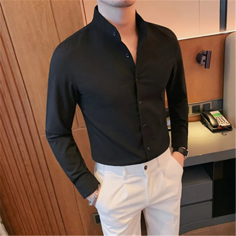 Phileas | Heren overhemd met lange mouwen, opstaande kraag, slim fit, bruiloft- en zakelijk overhemd
