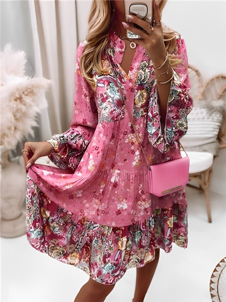 Nyssara | Boho Bloemen Midi Jurk met Lange Mouwen en Knoopsluiting - Soepelvallende A-lijn Casual Chic