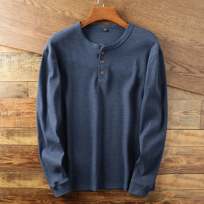 Aleksander | Heren Henley-shirt met lange mouwen – wafelbreisel, hoogwaardige katoenmix