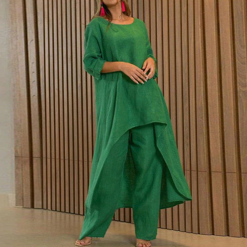 Xamara | Katoen Linnen Mix 2-delige set - Lange Mouw Top met Verlengde Rug & Relaxed Fit Broek