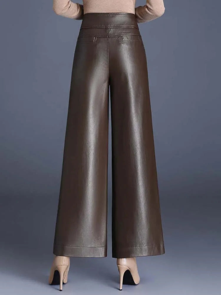 Radka | Damesbroek van PU leer met wijde pijpen - stijlvolle, comfortabele broek van imitatieleer met hoge taille