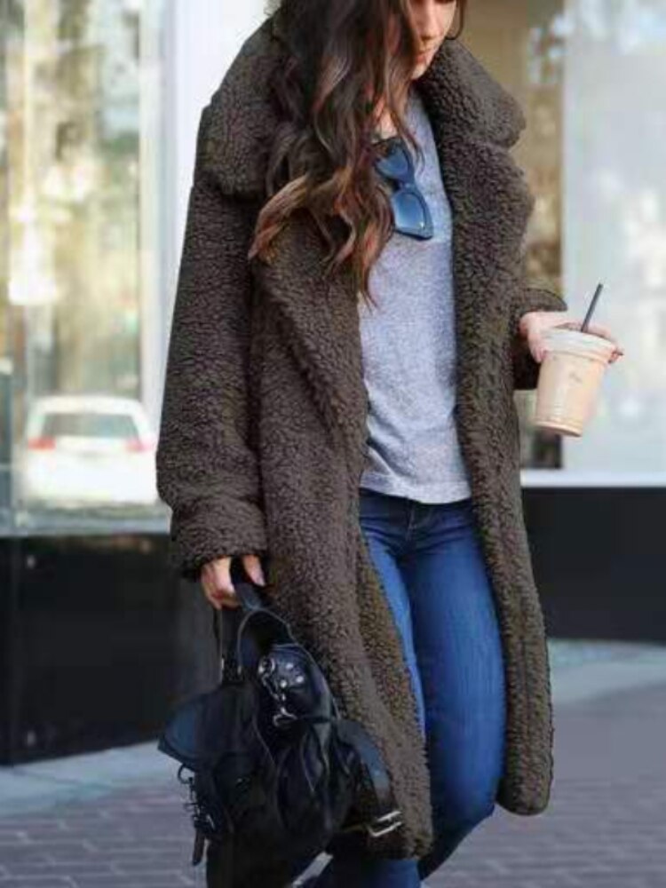 Yvonna | Lange oversized teddyjas – Winterwarme jas met reverskraag, zachte pluche bovenkleding