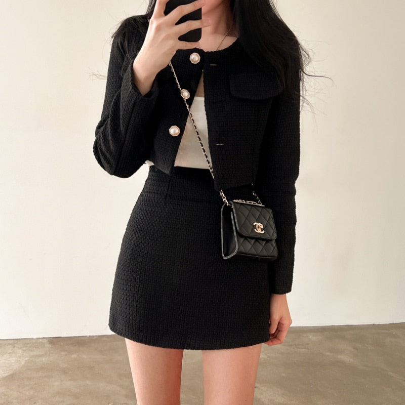 Lystrielle | Dames mini-rok met textuur & cropped blazer set – Chique tweedelige outfit, verfijnde kleding
