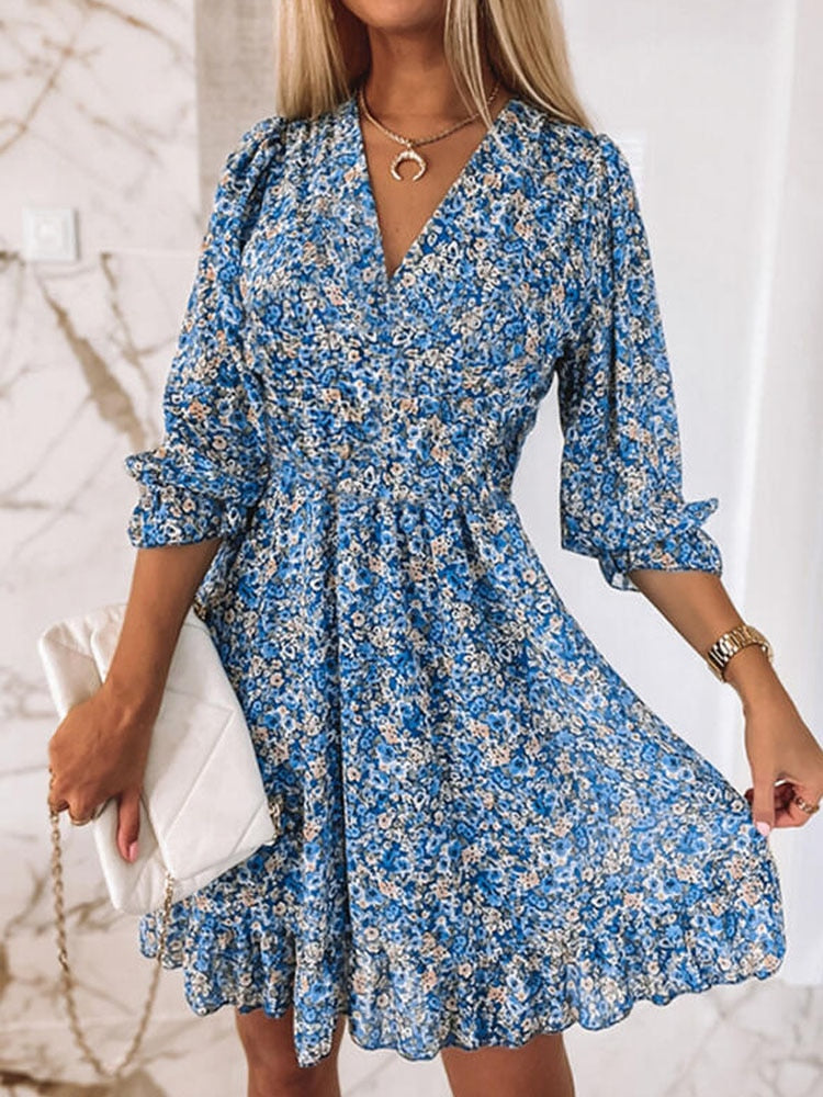 Zanna | Damesjurk met V-hals en 3/4 mouwen - Elegante Midi-jurk voor lente en zomer