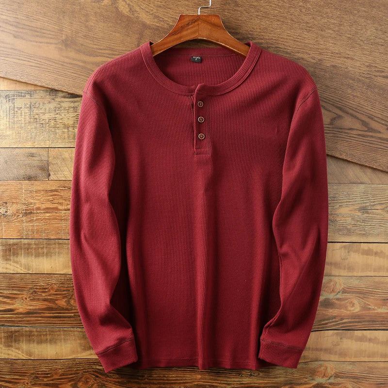 Aleksander | Heren Henley-shirt met lange mouwen – wafelbreisel, hoogwaardige katoenmix