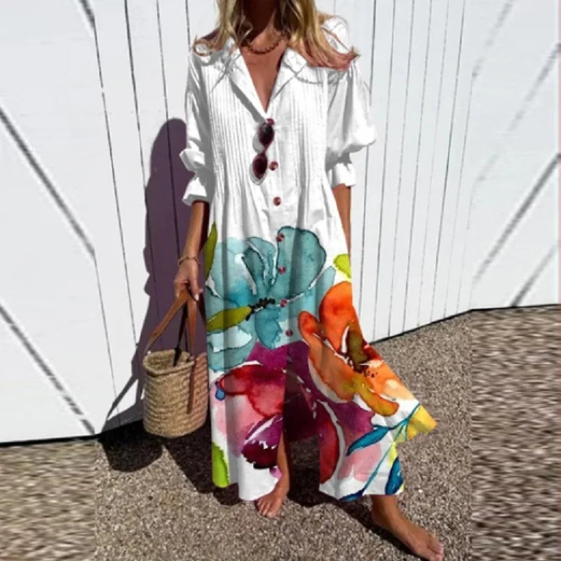 Elettra | Lange damesjurk met knoopsluiting - Boho stijl, V-hals