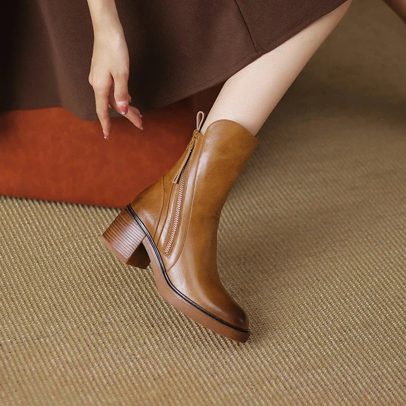 Zyella | Leren dameslaarzen met dikke blokhak – ritssluiting aan de zijkant, stijlvolle casual en elegante schoenen