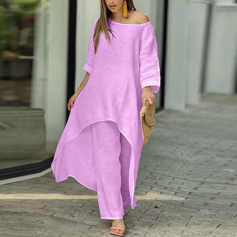 Xamara | Katoen Linnen Mix 2-delige set - Lange Mouw Top met Verlengde Rug & Relaxed Fit Broek