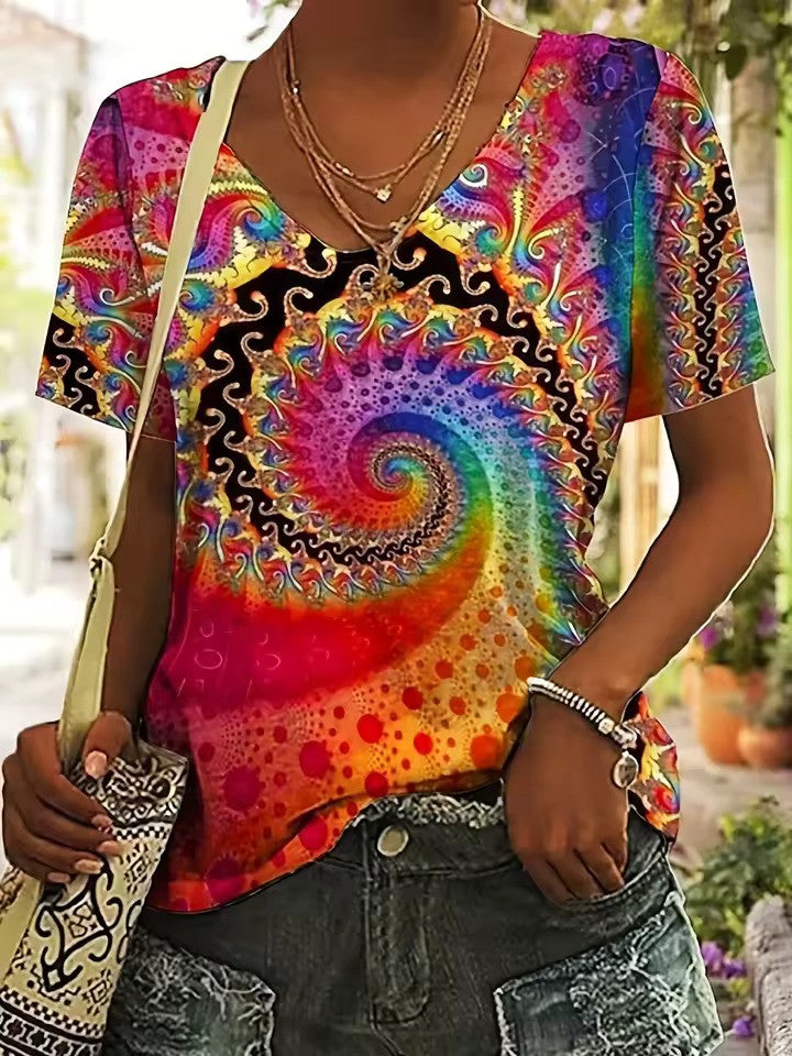Zayenna | Retro V-hals T-shirt met all-over print voor dames - korte mouwen, casual zomertop