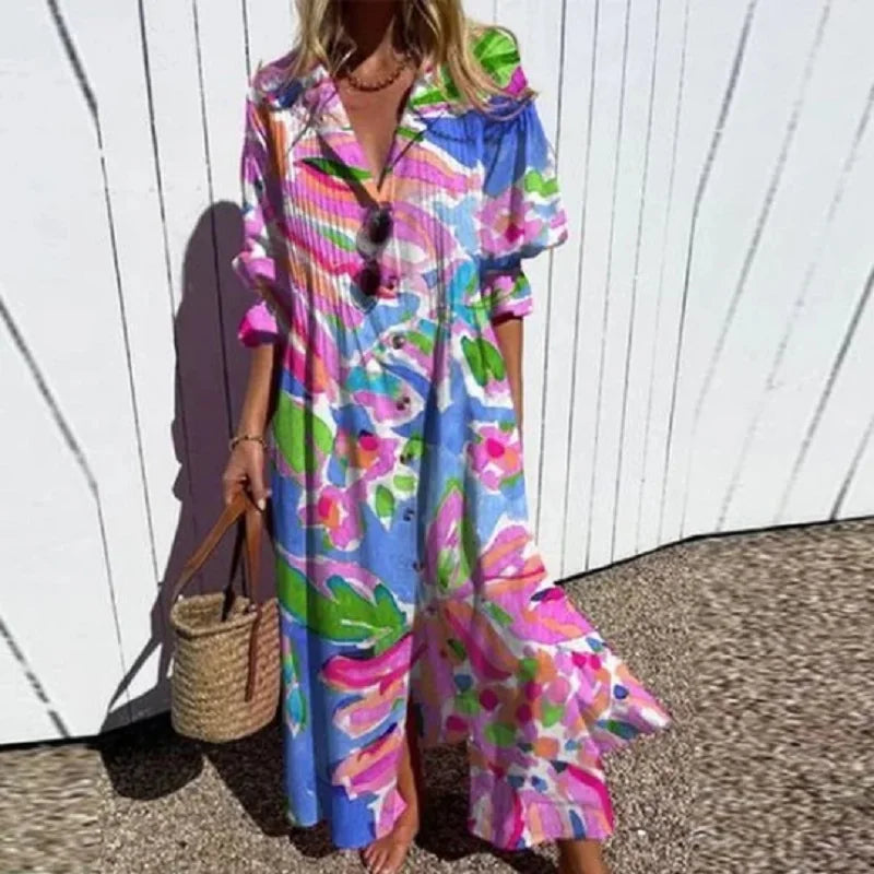 Elettra | Lange damesjurk met knoopsluiting - Boho stijl, V-hals