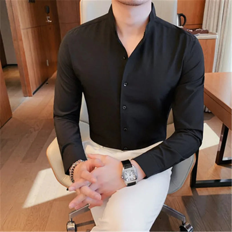 Phileas | Heren overhemd met lange mouwen, opstaande kraag, slim fit, bruiloft- en zakelijk overhemd
