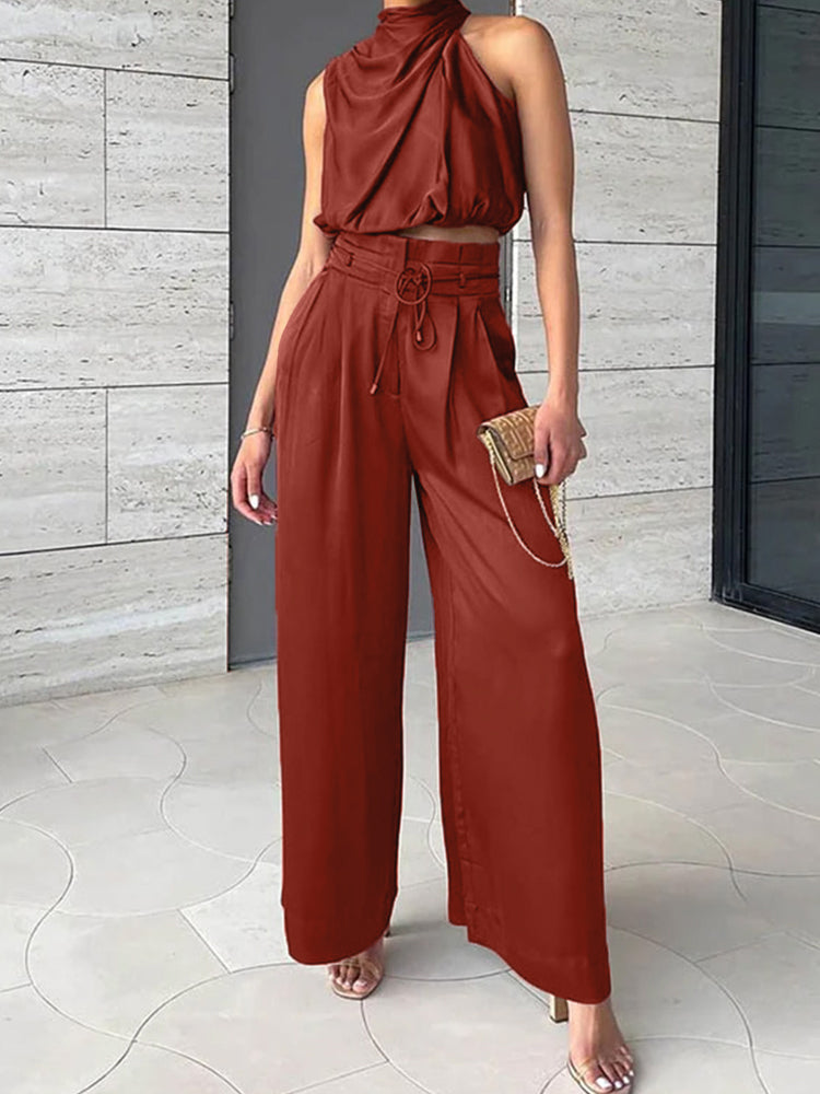 Yavira | Elegante 2-delige set voor dames - Satijnen haltertop & wijde broek met hoge taille