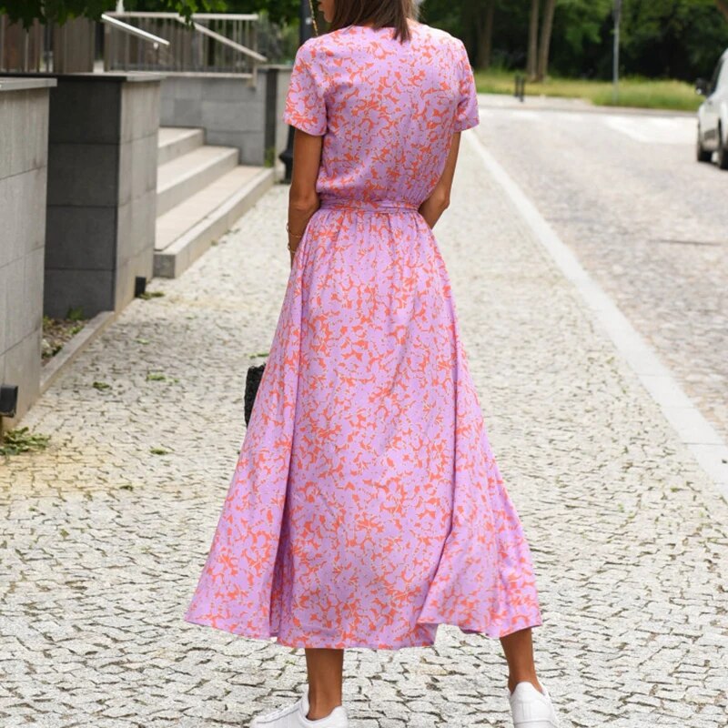 Bledina | Maxi jurk met levendige bloemenprint - Taillekoord, Lichtgewicht jurk