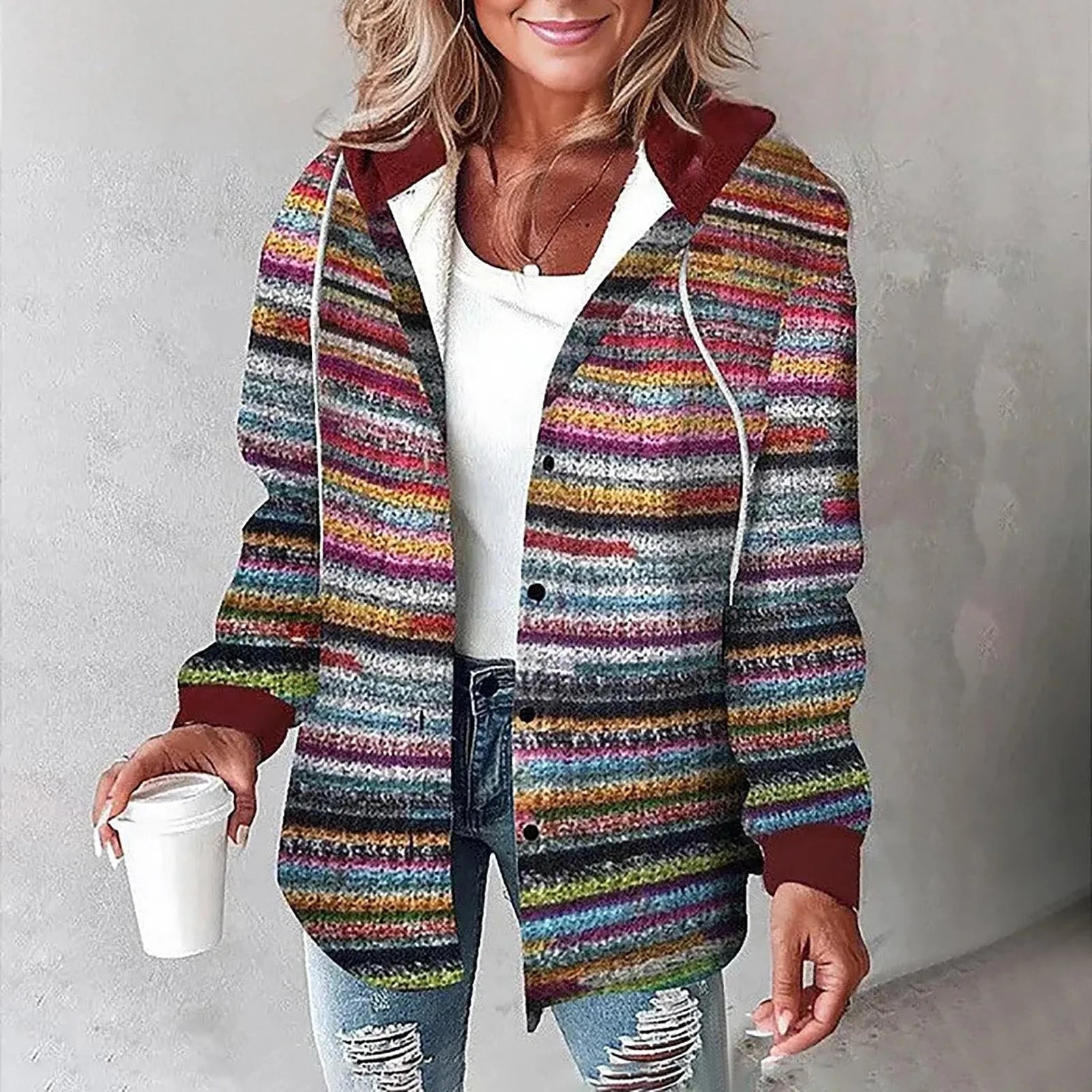 Quessirae | Kleurrijke geruite damesjas met capuchon, casual geruite jas, warme winterjas